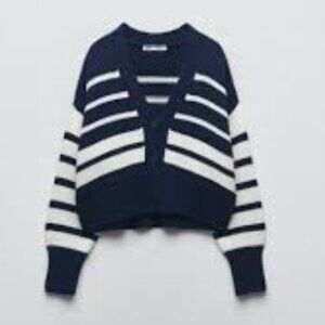 Zara Striped Navy & White Knit Cardigan - Small